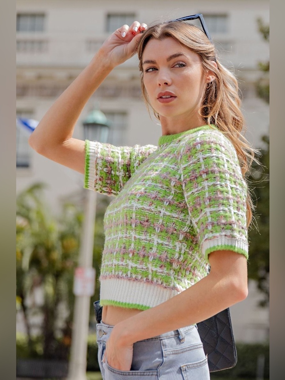 Easel Totally Buggin Tweed Sweater Top Lime Green Plaid 99s Clueless New Medium - Picture 4 of 14